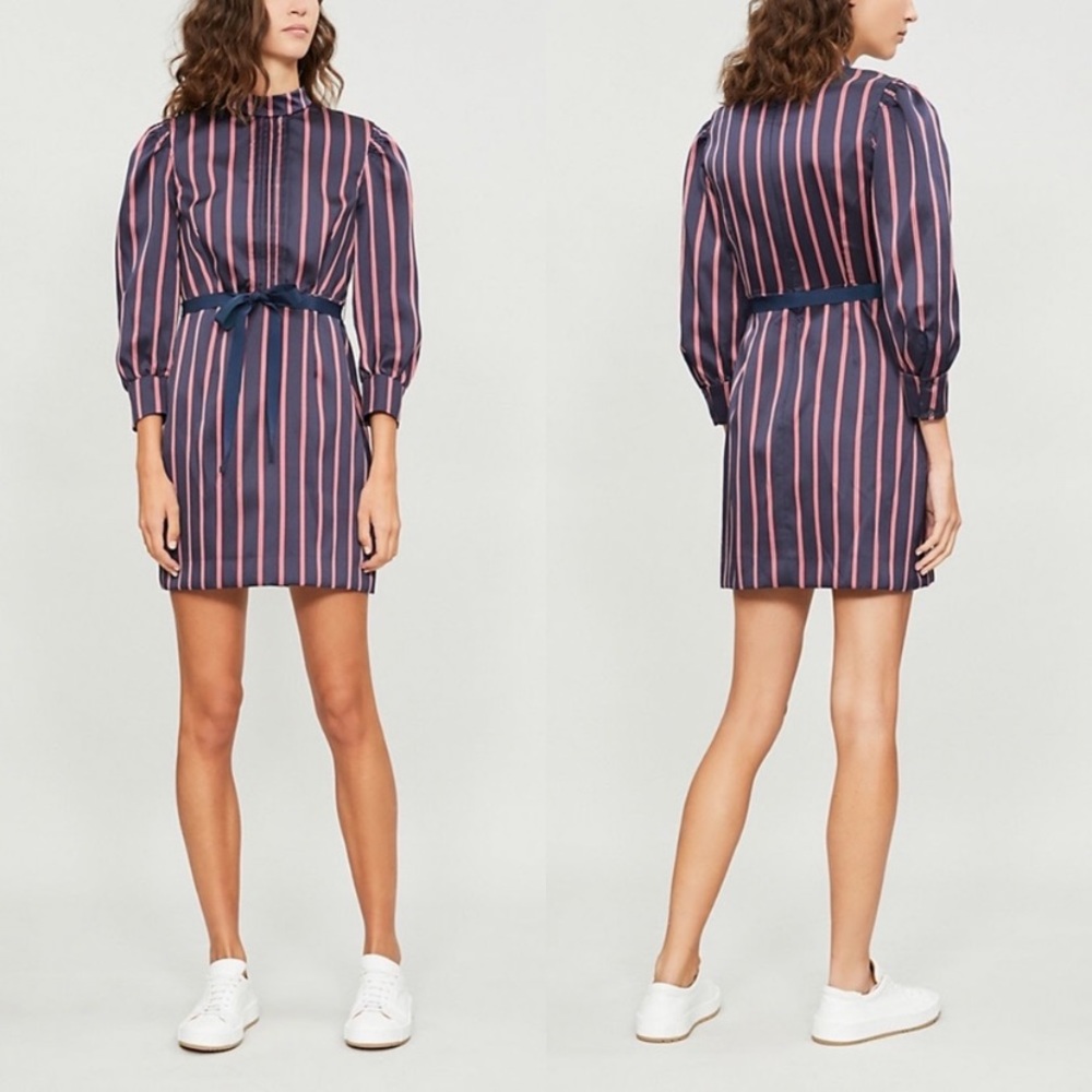 Sandro Navy and Pink Striped Long Sleeve Mini Dress